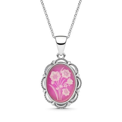 Sterling Silver Pink Agate Daffodil Cameo Pendant With Chain 18 Inches