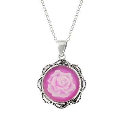Sterling Silver Pink Agate Rose Cameo Pendant With Chain 18 Inches