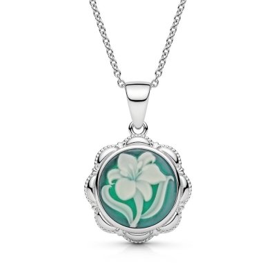 Sterling Silver Green Agate Lily Cameo Pendant With Chain 18 Inches
