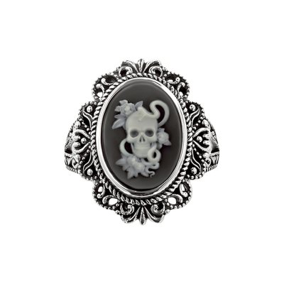 Sterling Silver Black Agate Skull Cameo Ring