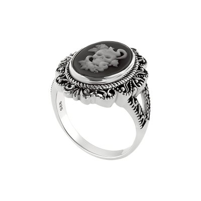 Sterling Silver Black Agate Skull Cameo Ring