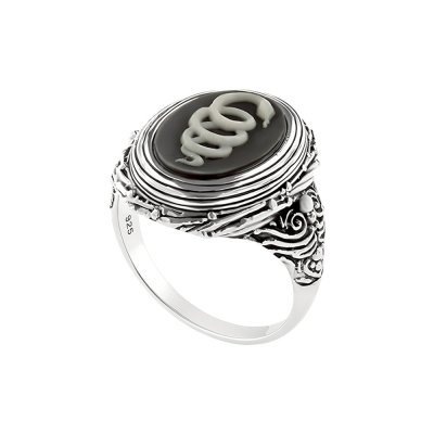Sterling Silver Black Agate Snake Cameo Ring