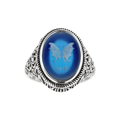 Sterling Silver Blue Agate Butterfly Cameo Ring