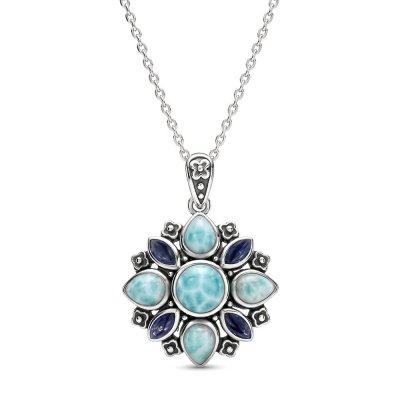 Sterling Silver Larimar & Lapis Pendant With Chain 18 Inches