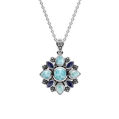 Sterling Silver Larimar & Lapis Pendant With Chain 18 Inches
