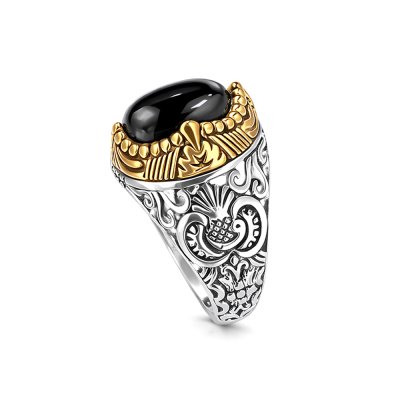 Sterling Silver Black Onyx Two-Tone Men's Ring