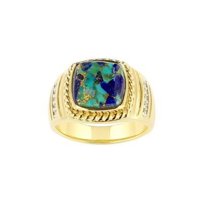 Sterling Silver Turquoise With Lapis & White Cubic Zirconia Men's Ring Over 18K Yellow Gold Plated