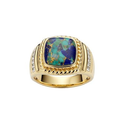 Sterling Silver Turquoise With Lapis & White Cubic Zirconia Men's Ring Over 18K Yellow Gold Plated