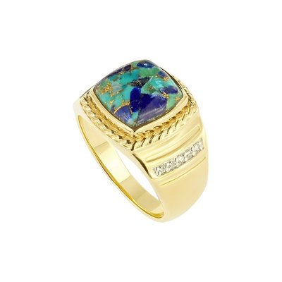 Sterling Silver Turquoise With Lapis & White Cubic Zirconia Men's Ring Over 18K Yellow Gold Plated