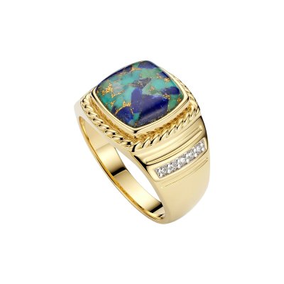 Sterling Silver Turquoise With Lapis & White Cubic Zirconia Men's Ring Over 18K Yellow Gold Plated