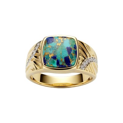 Sterling Silver Turquoise With Lapis & White Cubic Zirconia Men's Ring Over 18K Yellow Gold Plated