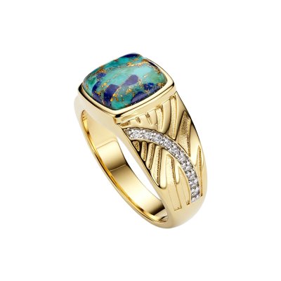 Sterling Silver Turquoise With Lapis & White Cubic Zirconia Men's Ring Over 18K Yellow Gold Plated