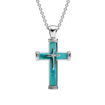 Sterling Silver Inlay Turquoise Cross Men's Pendant With Chain 22 Inches