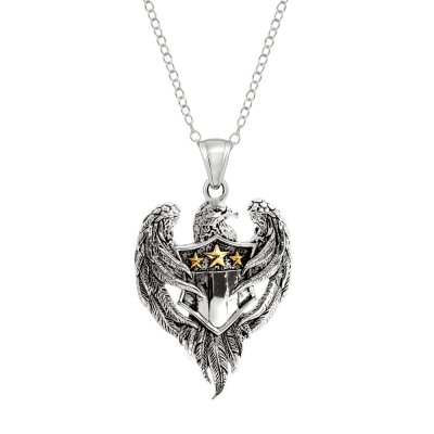 Sterling Silver Egale Shield Men's Pendant Two-Tone With Chain 22 Inches