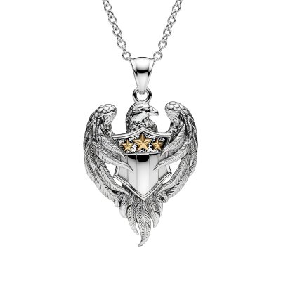 Sterling Silver Eagle Shield Men's Pendant Two-Tone With Chain 22 Inches