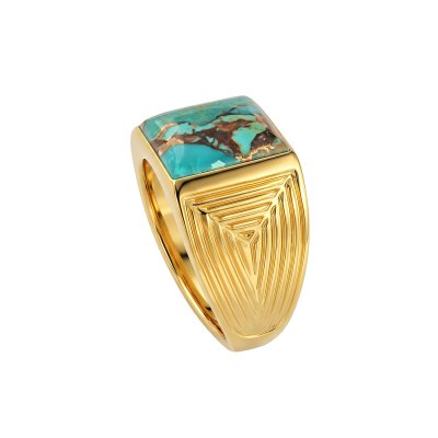 Sterling Silver Turquoise Men's Ring Men's Ring Over 18K Yellow Gold Plated