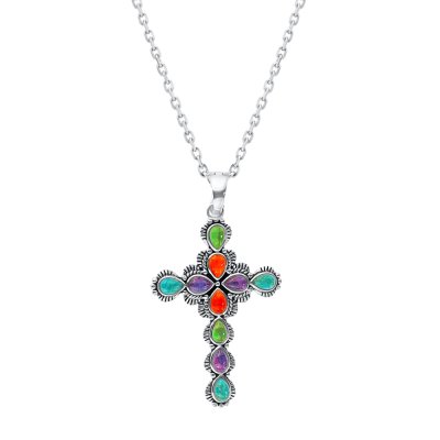 Sterling SilverMulti Colors Cross Pendant With Chain 18 Inches