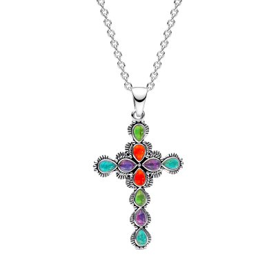 Sterling SilverMulti Colors Cross Pendant With Chain 18 Inches