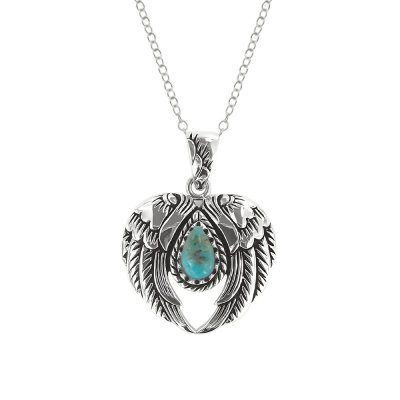Sterling Silver Turquoise Angel Wing s Heart Pendant With Chain 22 Inches