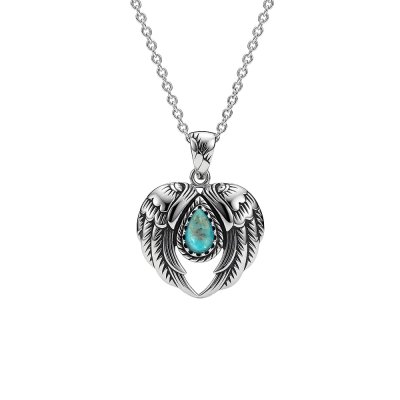 Sterling Silver Turquoise Angel Wing s Heart Pendant With Chain 22 Inches