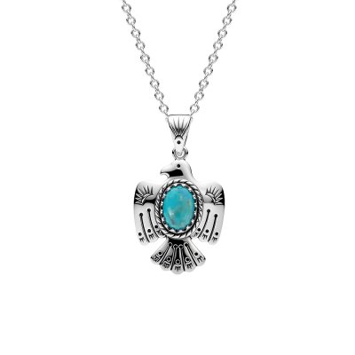 Sterling Silver Turquoise Thunderbird Pendant With Chain 22 Inches