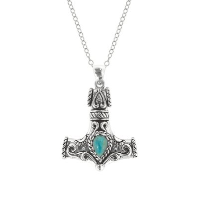 Sterling Silver Turquoise Thor's Hammer Men's Pendant With Chain 22 Inches
