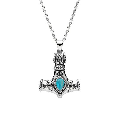 Sterling Silver Turquoise Thor's Hammer Men's Pendant With Chain 22 Inches