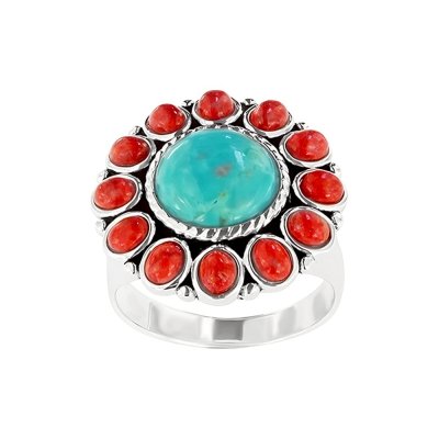 Sterling Silver Turquoise With Red Coral Southwestern Ring