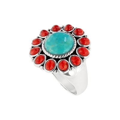 Sterling Silver Turquoise With Red Coral Southwestern Ring