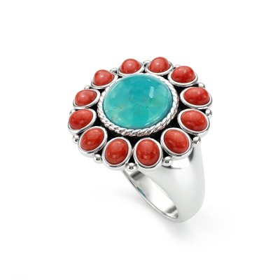 Sterling Silver Turquoise With Red Coral Southwestern Ring