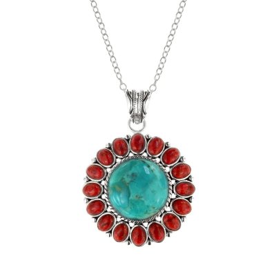 Sterling Silver Turquoise With Red Coral Southwestern Pendant With Chain 18 Inches