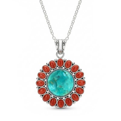 Sterling Silver Turquoise With Red Coral Southwestern Pendant With Chain 18 Inches
