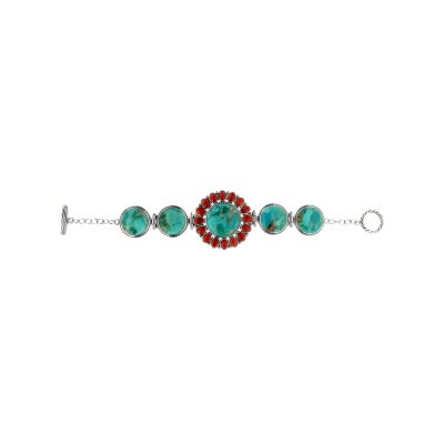 Sterling Silver Turquoise With Red Coral Southwestern Bracelet 7.5 Inches