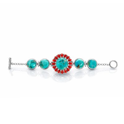 Sterling Silver Turquoise With Red Coral Southwestern Bracelet 7.5 Inches