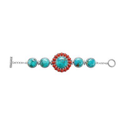 Sterling Silver Turquoise With Red Coral Southwestern Bracelet 7.5 Inches