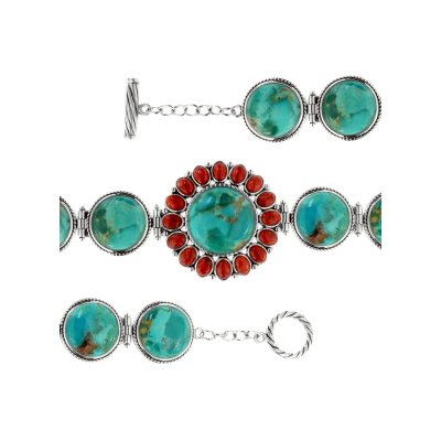 Sterling Silver Turquoise With Red Coral Southwestern Bracelet 7.5 Inches