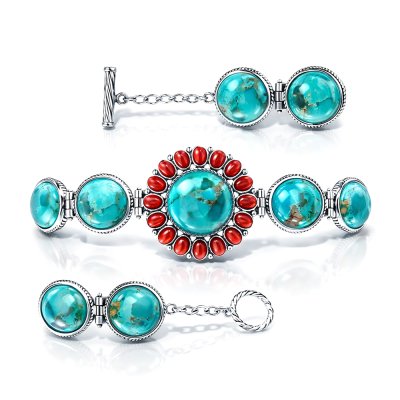 Sterling Silver Turquoise With Red Coral Southwestern Bracelet 7.5 Inches