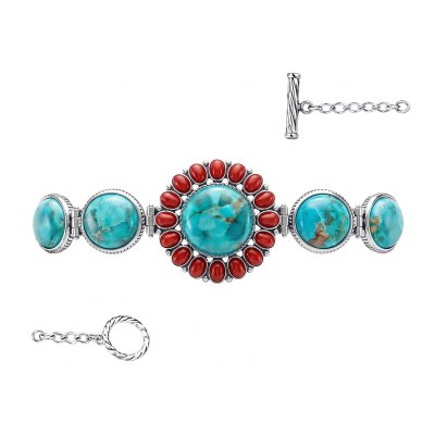 Sterling Silver Turquoise With Red Coral Southwestern Bracelet 7.5 Inches