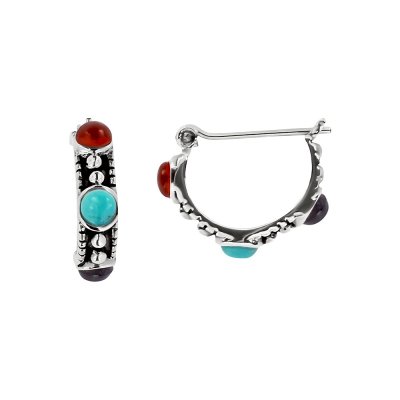 Sterling Silver Turquoise, Red Agate and Black Onyx Hoop earrings