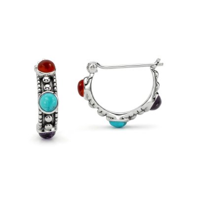 Sterling Silver Turquoise, Red Agate and Black Onyx Hoop earrings