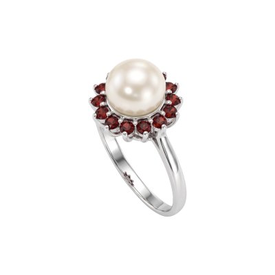 Sterling Silver Freshwater Pearl With Garnet Ring