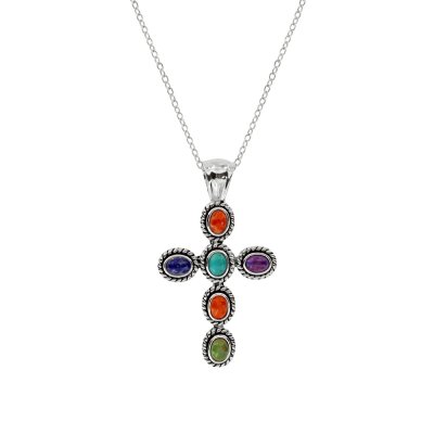 Sterling Silver Multi Colors Cross Pendant with Chain 18 Inches
