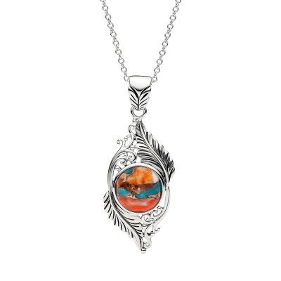 Blended Turquoise With Spiny Oyster Shell Sterling Silver Leaf Pendant with Chain