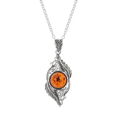 Sterling Silver Amber Leaf Pendant With Chain 18 Inches