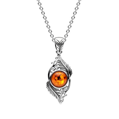 Sterling Silver Amber Leaf Pendant With Chain 18 Inches
