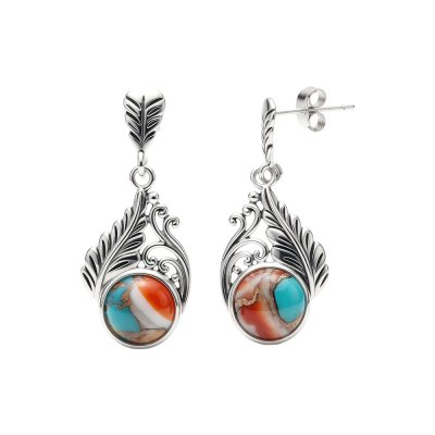 Blended Turquoise With Spiny Oyster Shell Sterling Silver Leaf Earrings
