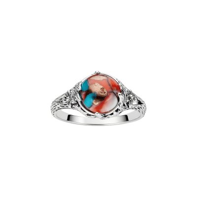 Blended Turquoise With Spiny Oyster Shell Sterling Silver Leaf Ring