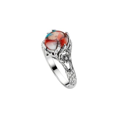 Blended Turquoise With Spiny Oyster Shell Sterling Silver Leaf Ring