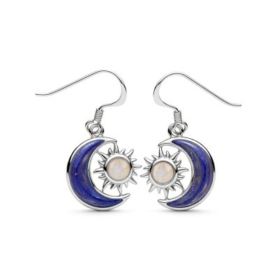 Sterling Silver Moon Lapis Lazuli with Sun Rainbow Moonstone Earrings