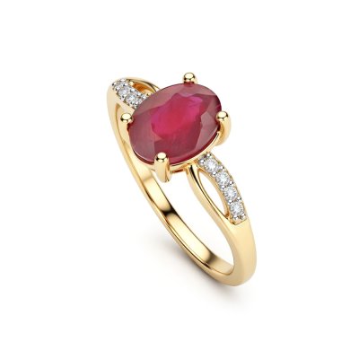 Sterling Silver Ruby With White Zircon Ring Over 18K Yellow Gold Plated